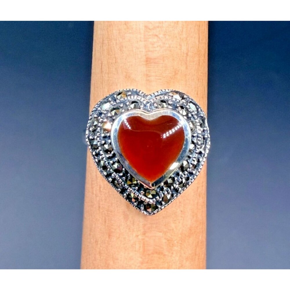 Sterling Silver 925 Carnelian Heart Marcasite Ring Size 7.75 Vintage
